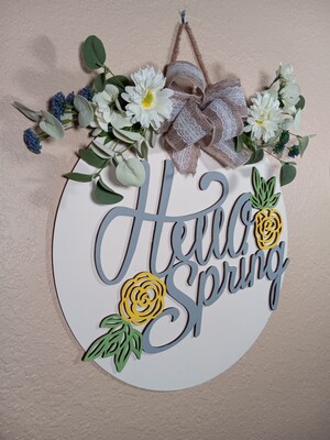 Hello Spring front door hanger, round wood wreath, front porch decor, front door hanging sign, spring floral wreath - image3